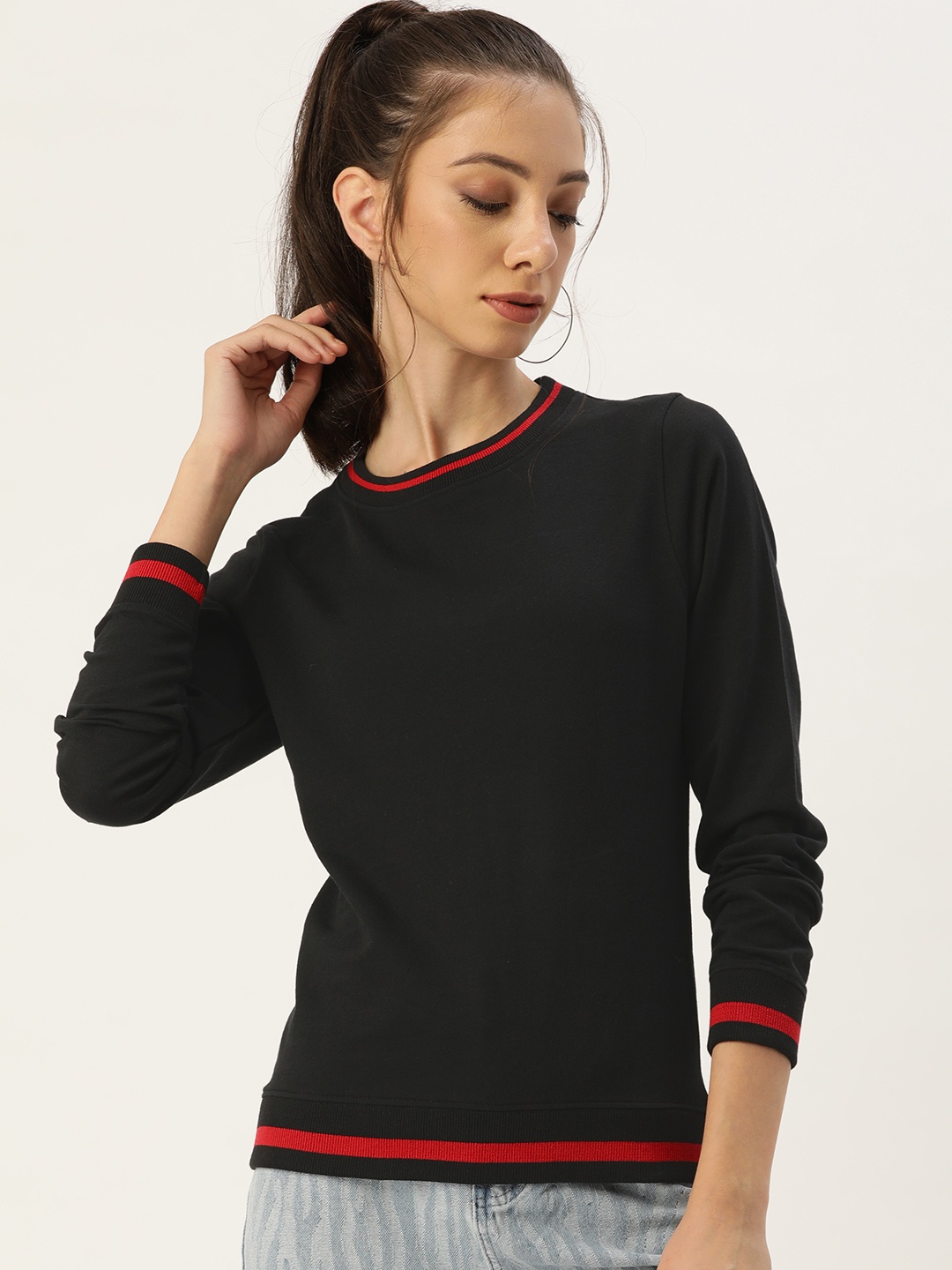 

ARISE Women Black Solid Pure Cotton Sweatshirt