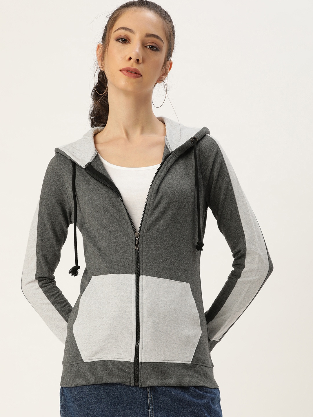 

ARISE Women Grey Melange Hooded Pure Cotton Sweatshirt