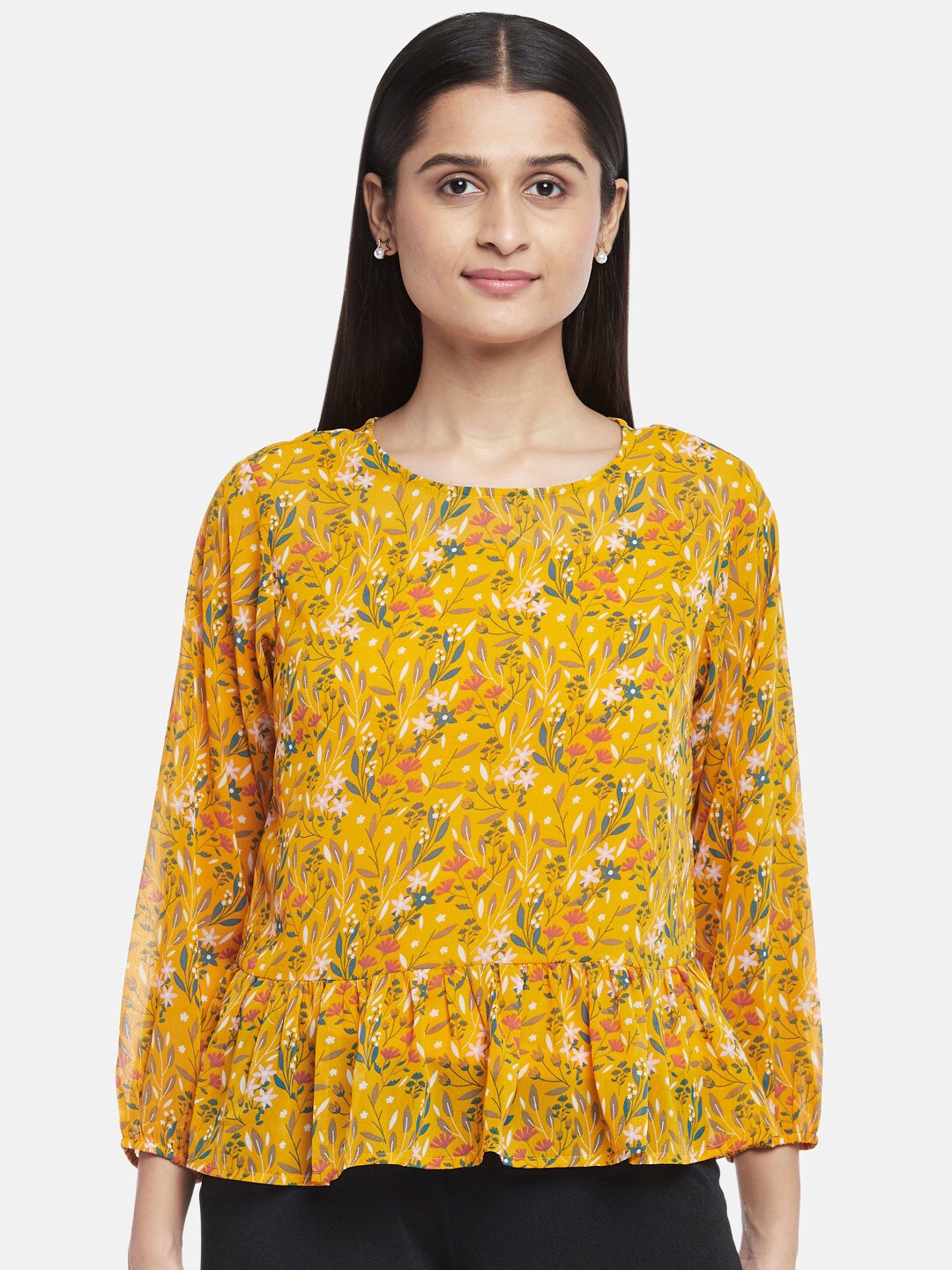 

Honey by Pantaloons Mustard Yellow Floral Georgette Peplum Top