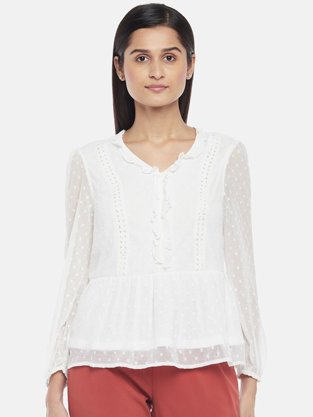 

Honey by Pantaloons White Self Design Ruffle A-Line Top