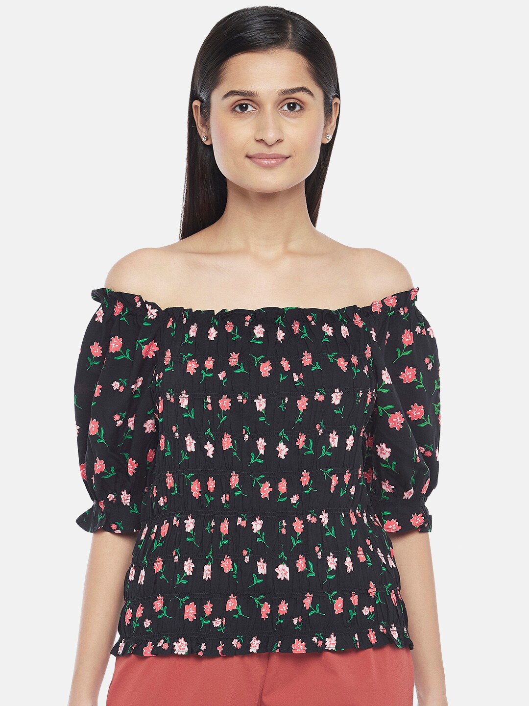 

Honey by Pantaloons Woman Black Floral Off-Shoulder Bardot Top