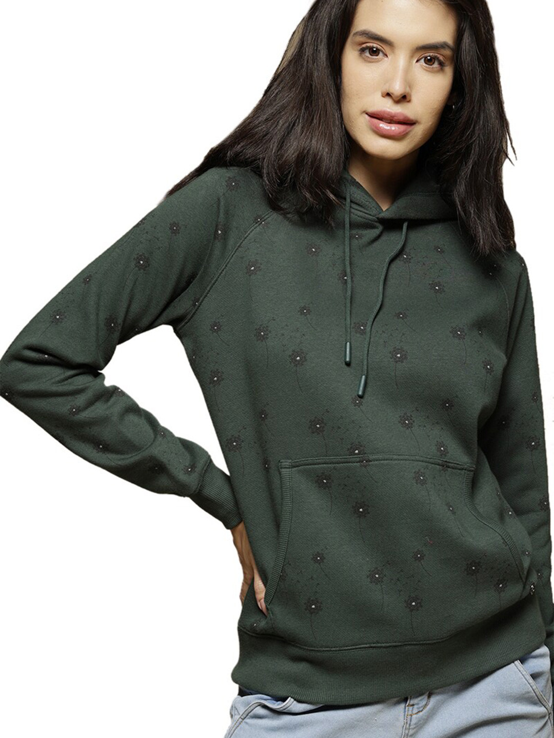 

Gipsy Women Green Printed Hooded Sweatshirt