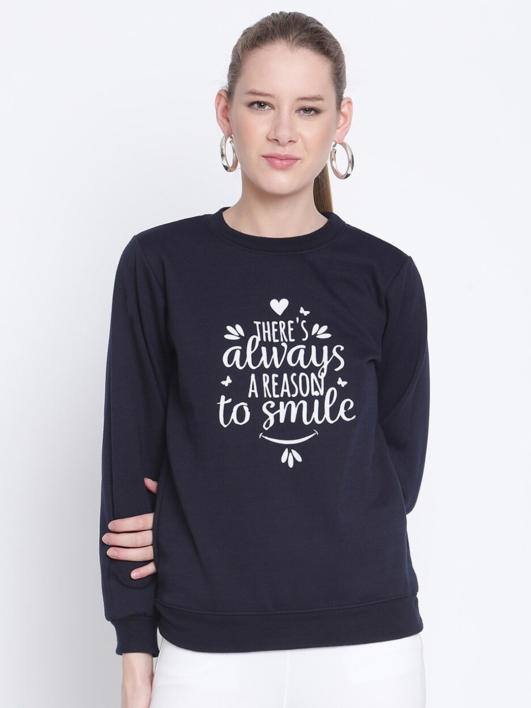 

The Vanca Women Navy Blue Typography Printed Fleece Sweatshirt