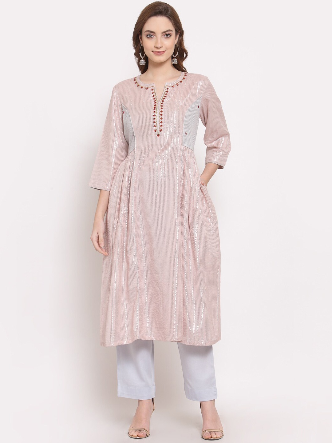 

DART STUDIO Women Pink Embroidered Pleated Pure Cotton Kurta with Trousers