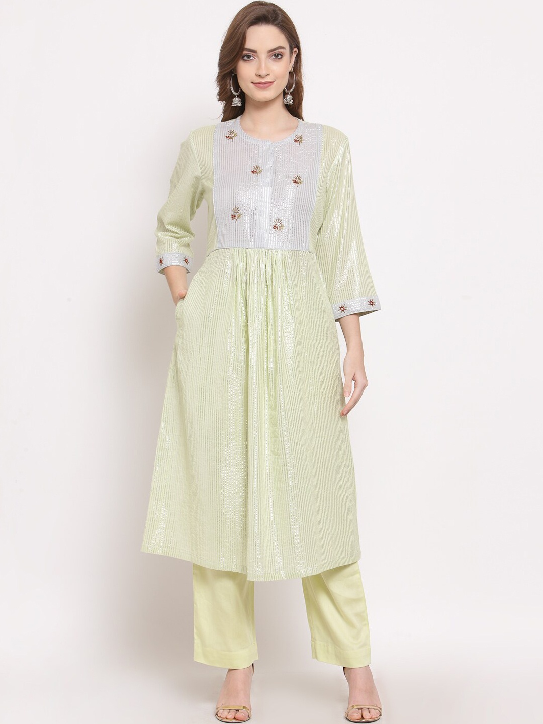

DART STUDIO Women Yellow Floral Embroidered Pleated Pure Cotton Kurta with Trousers