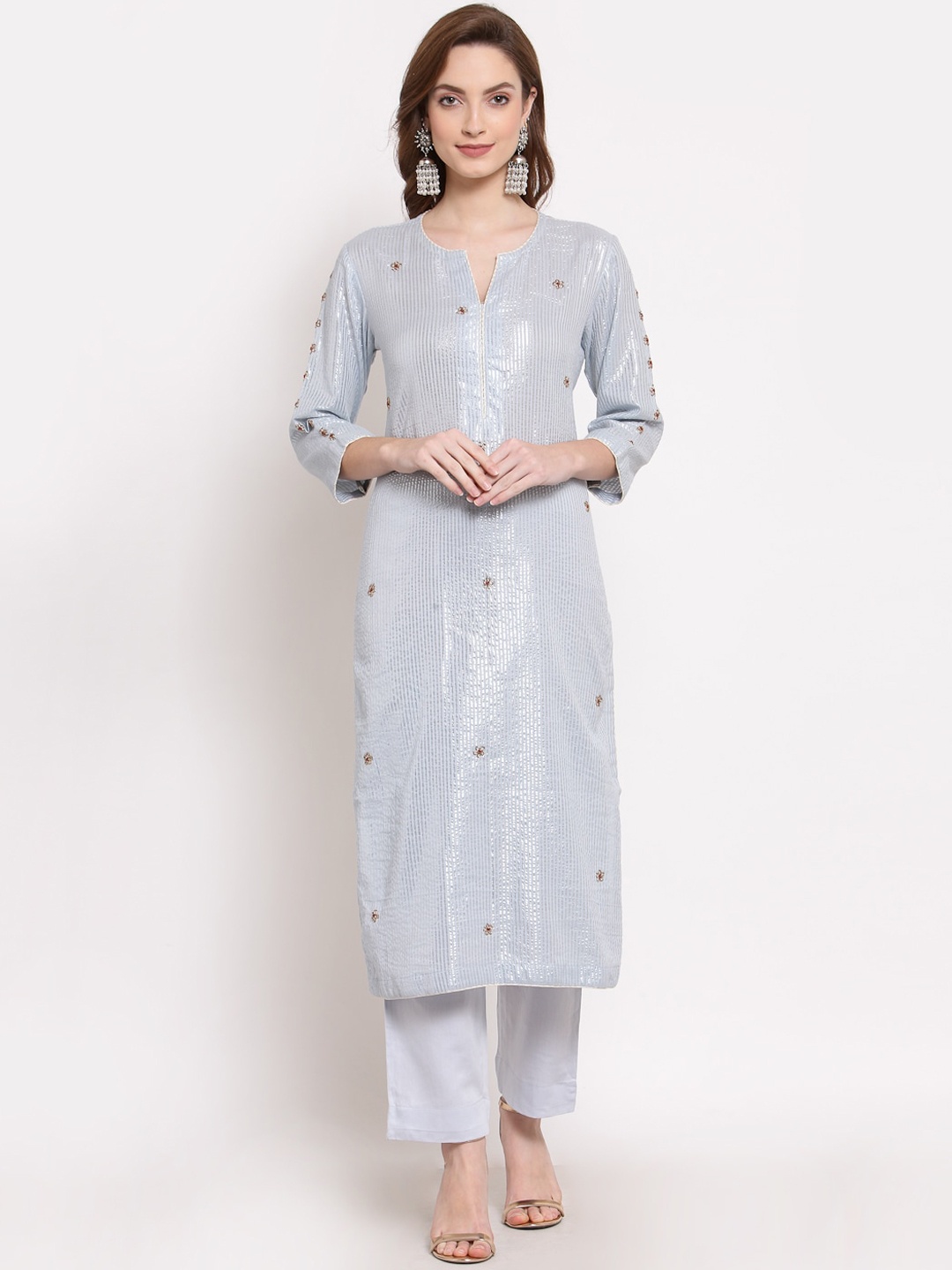 

DART STUDIO Women Blue Striped Regular Thread Work Pure Cotton Kurta with Palazzos