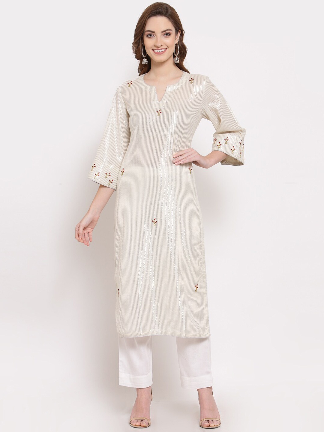

DART STUDIO Women White Embroidered Panelled Pure Cotton Kurta with Trousers
