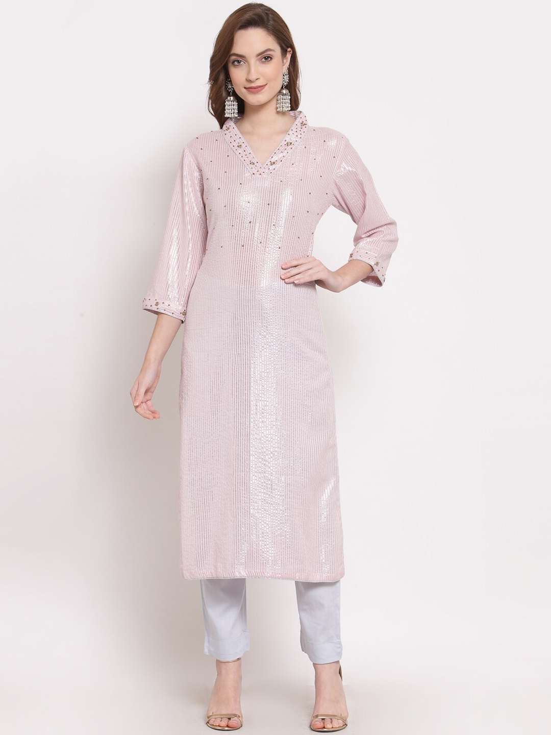 

DART STUDIO Women Pink & White Striped Regular Pure Cotton Kurta With Trousers