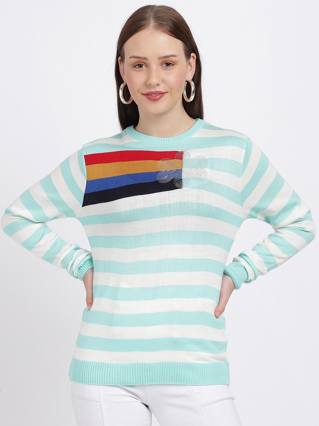 

BEVERLY BLUES Women Off White & Turquoise Blue Striped Acrylic Pullover