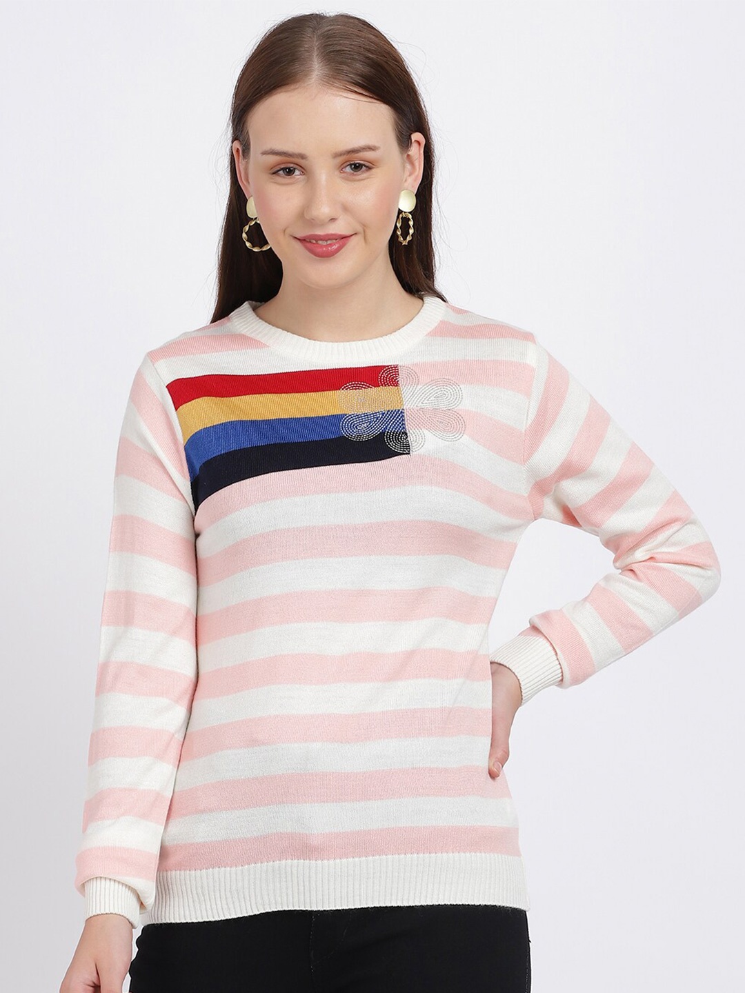 

BEVERLY BLUES Women Pink & White Striped Acrylic Pullover