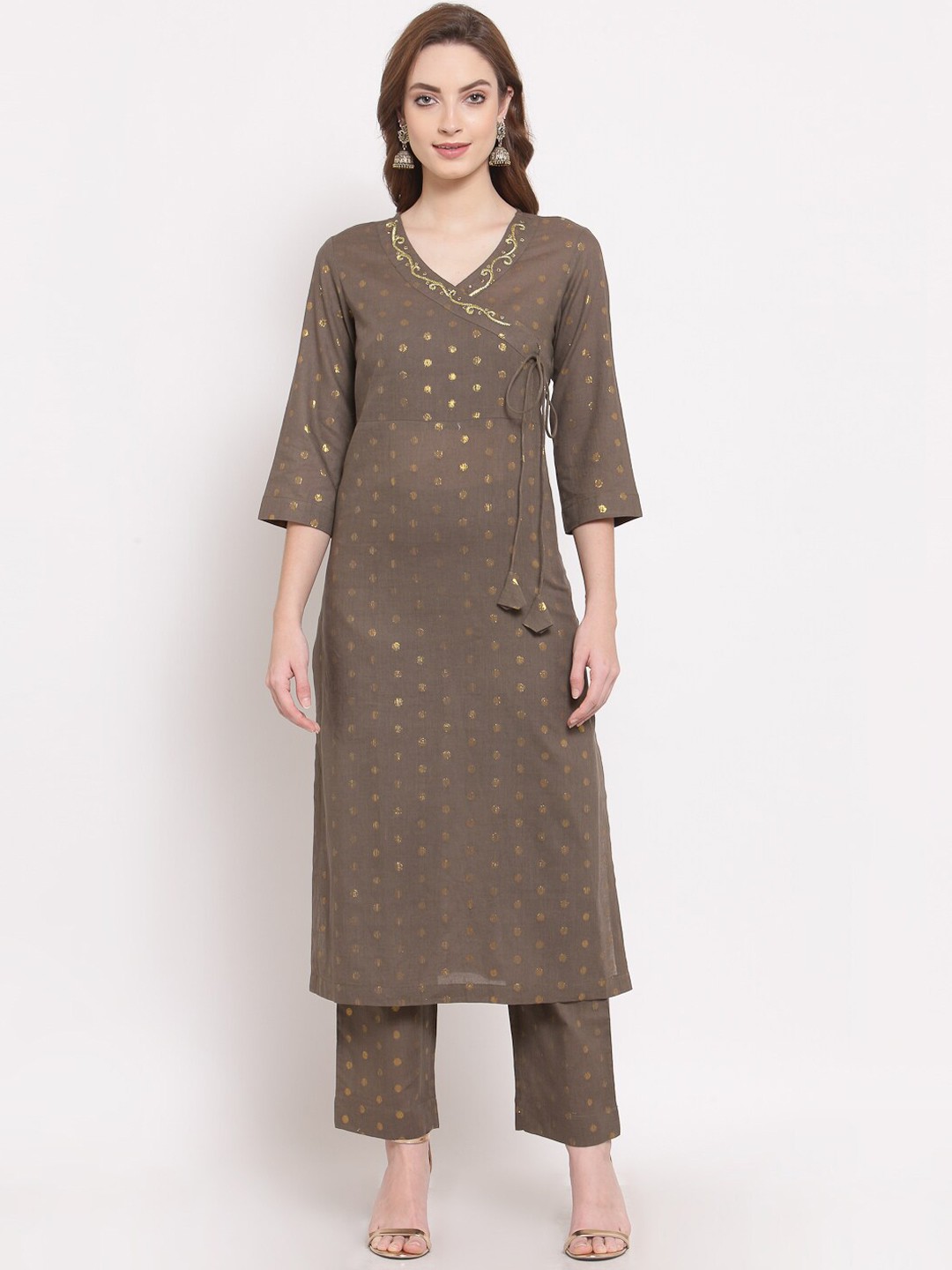 

DART STUDIO Women Green Printed Angrakha Pure Cotton Kurta with Trousers