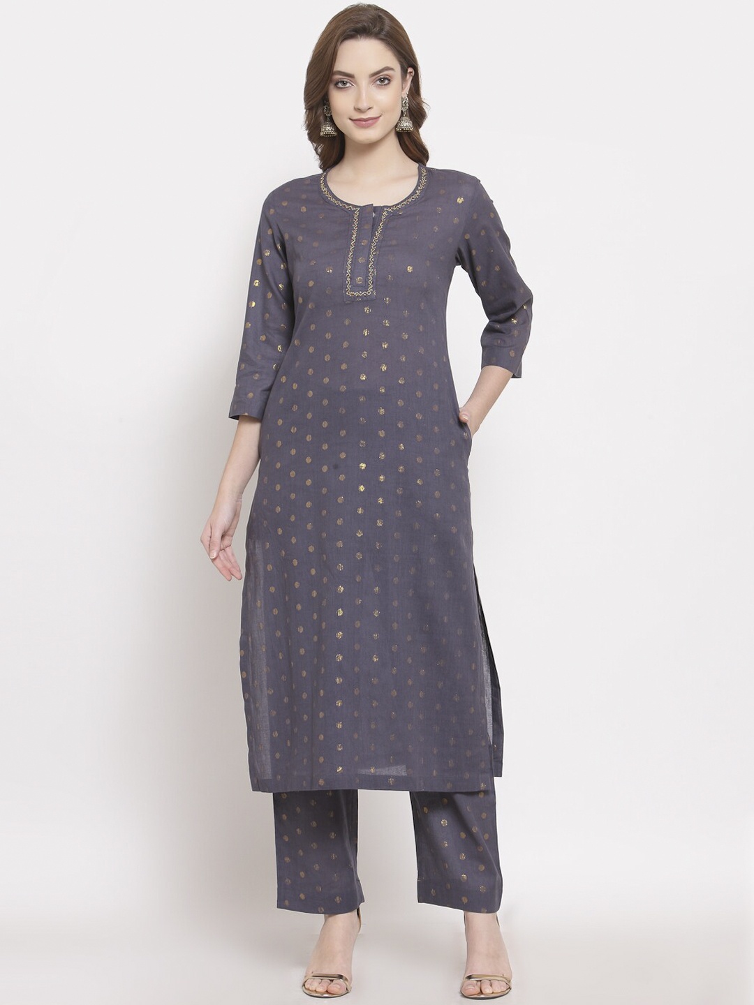 

DART STUDIO Grey & Gold-Toned Geometric Woven Design Pure Cotton Kurta with Trousers