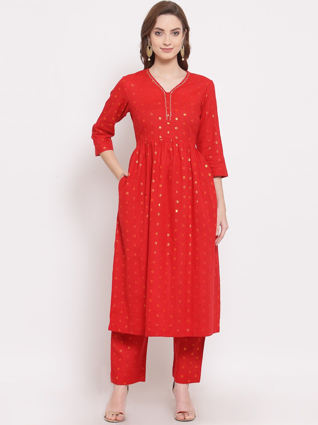 

DART STUDIO Women Red Pleated Pure Cotton Kurti with Trousers