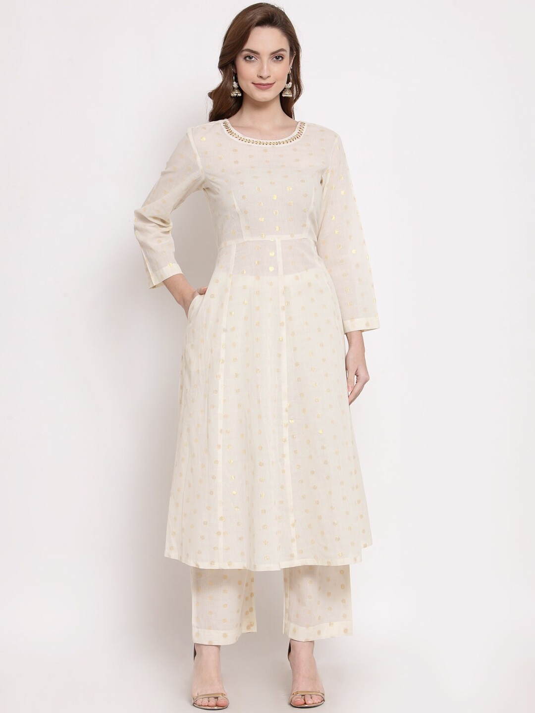 

DART STUDIO Women White Ethnic Motifs Printed Panelled Pure Cotton Kurta with Trousers