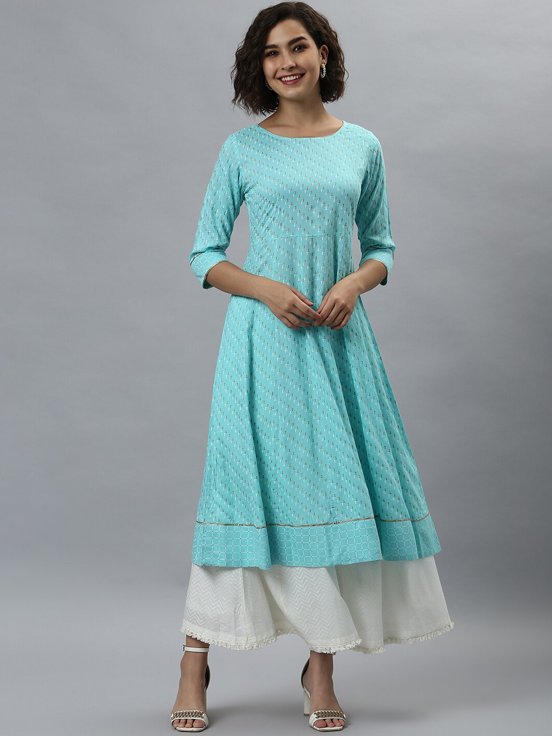 

Janasya Women Turquoise Blue Ethnic Motifs Thread Work Anarkali Kurta