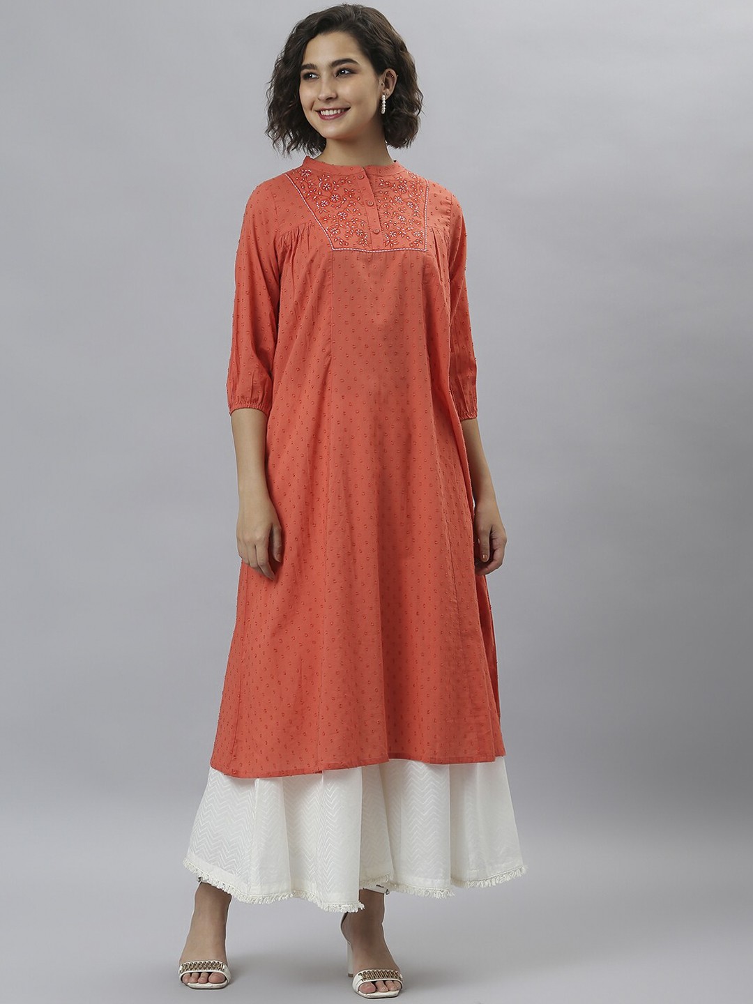 

Janasya Women Orange Woven Design Embroidered Detail Cotton Kurta