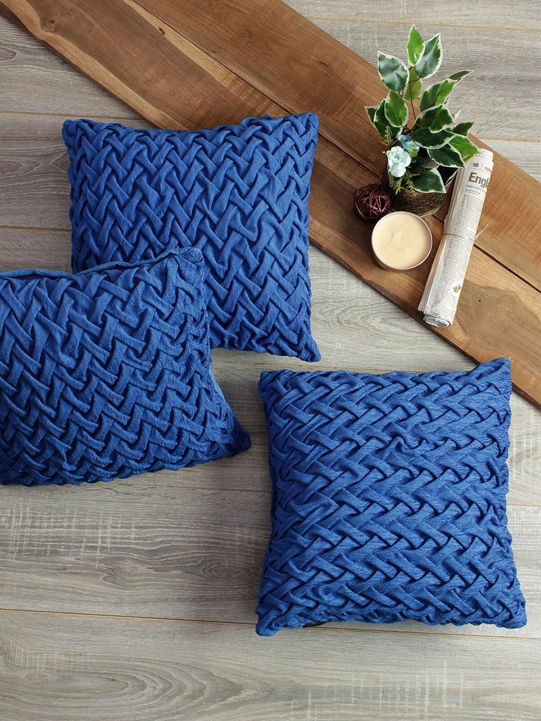 

ROMEE Blue Set of 3 Geometric Square Cushion Covers