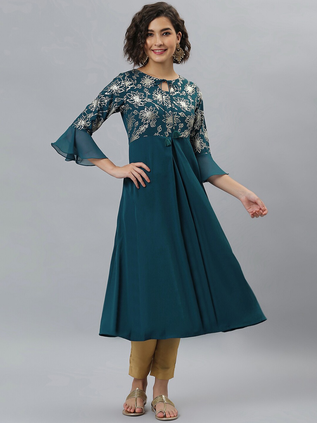 

Janasya Women Teal Floral Yoke Design Bell Sleeves Crepe Kurta