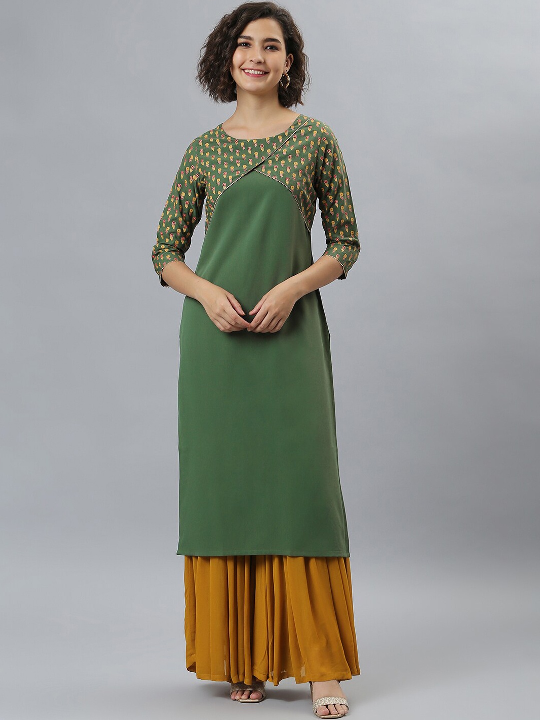 

Janasya Women Green Ethnic Motifs Printed Keyhole Neck Crepe Kurta