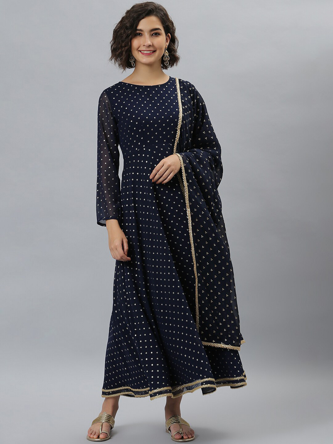 

Janasya Navy Blue & Gold-Toned Ethnic Midi Dress with Dupatta