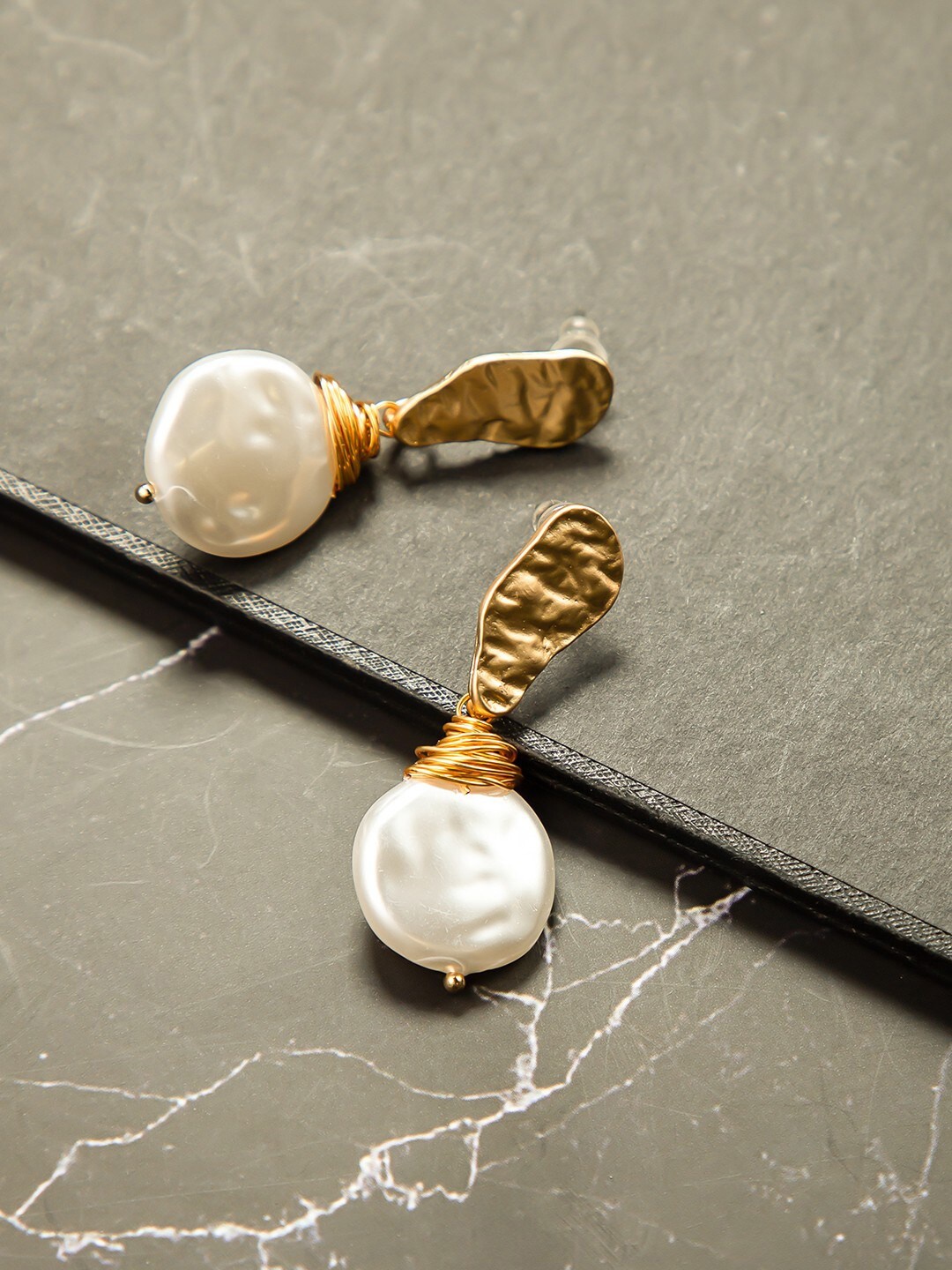 anore Women Gold-Toned Contemporary Pearl Drop Earrings