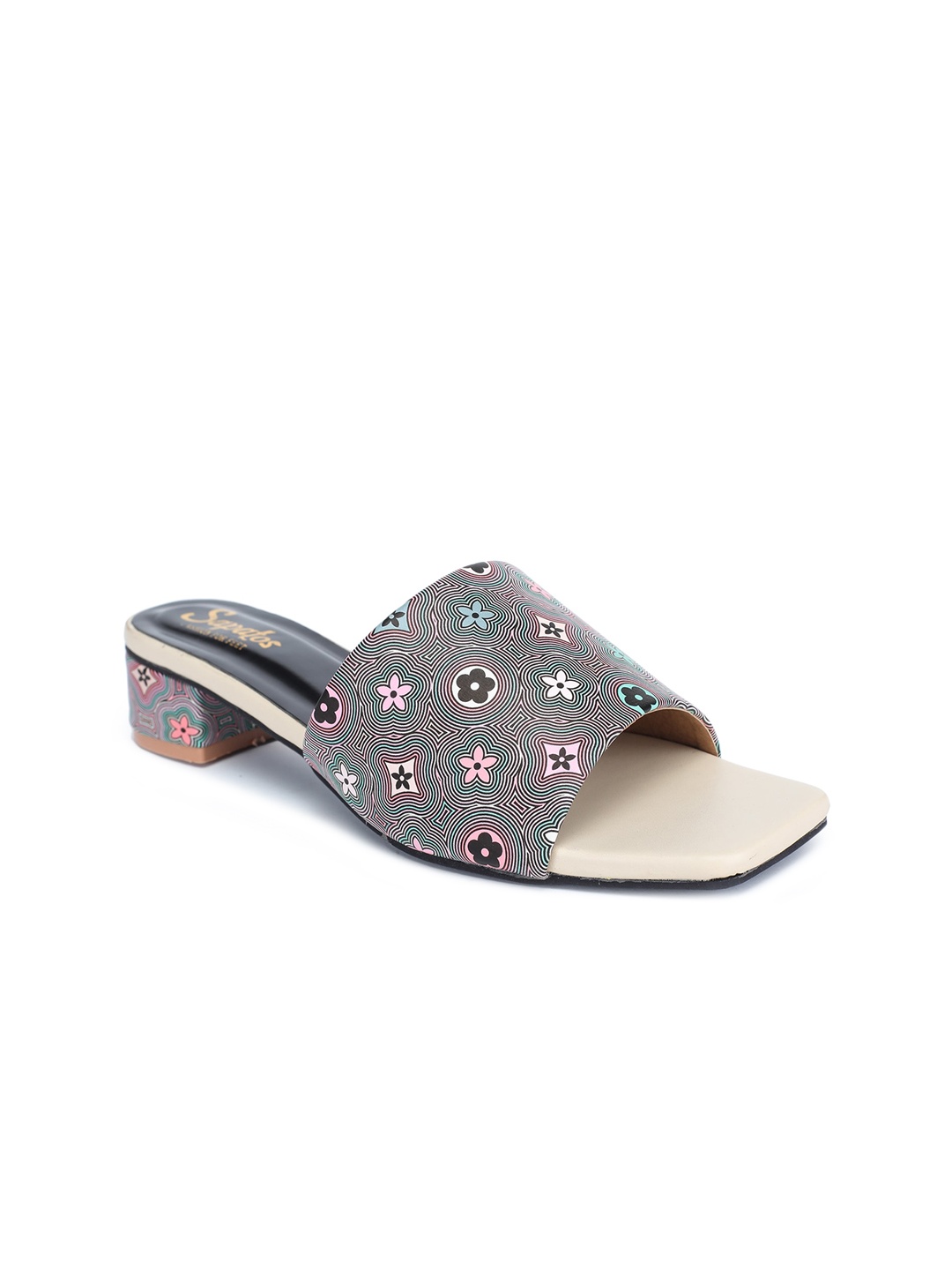 

SAPATOS Grey & Peach-Coloured Printed Block Mules