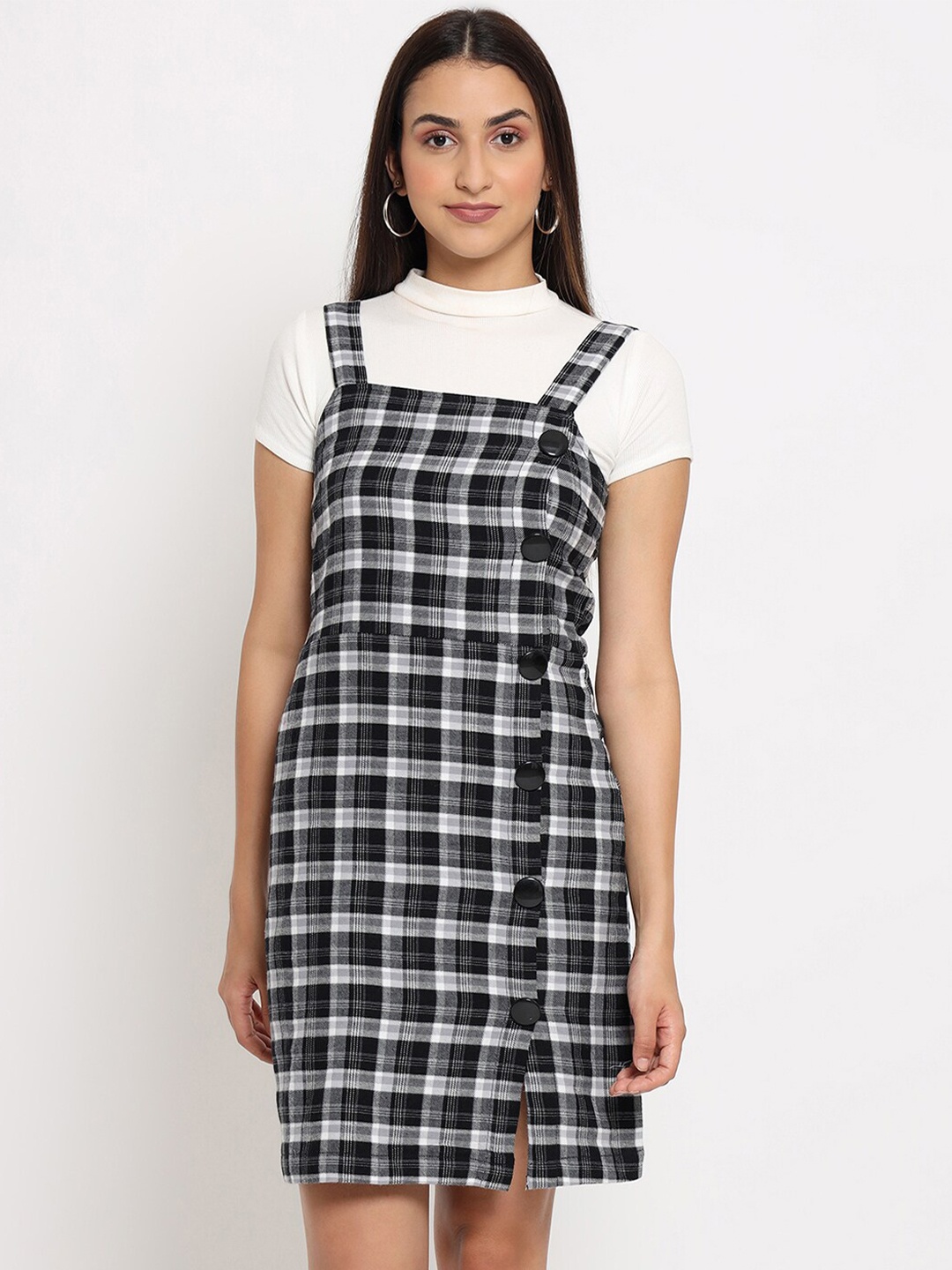

MARC LOUIS Woman Black Checked Pinafore Dress