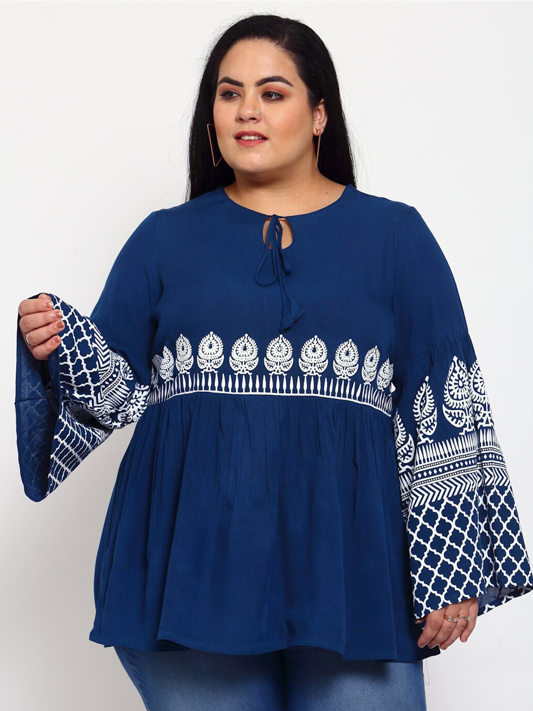 

plusS Blue & White Tie-Up Neck A-Line Top