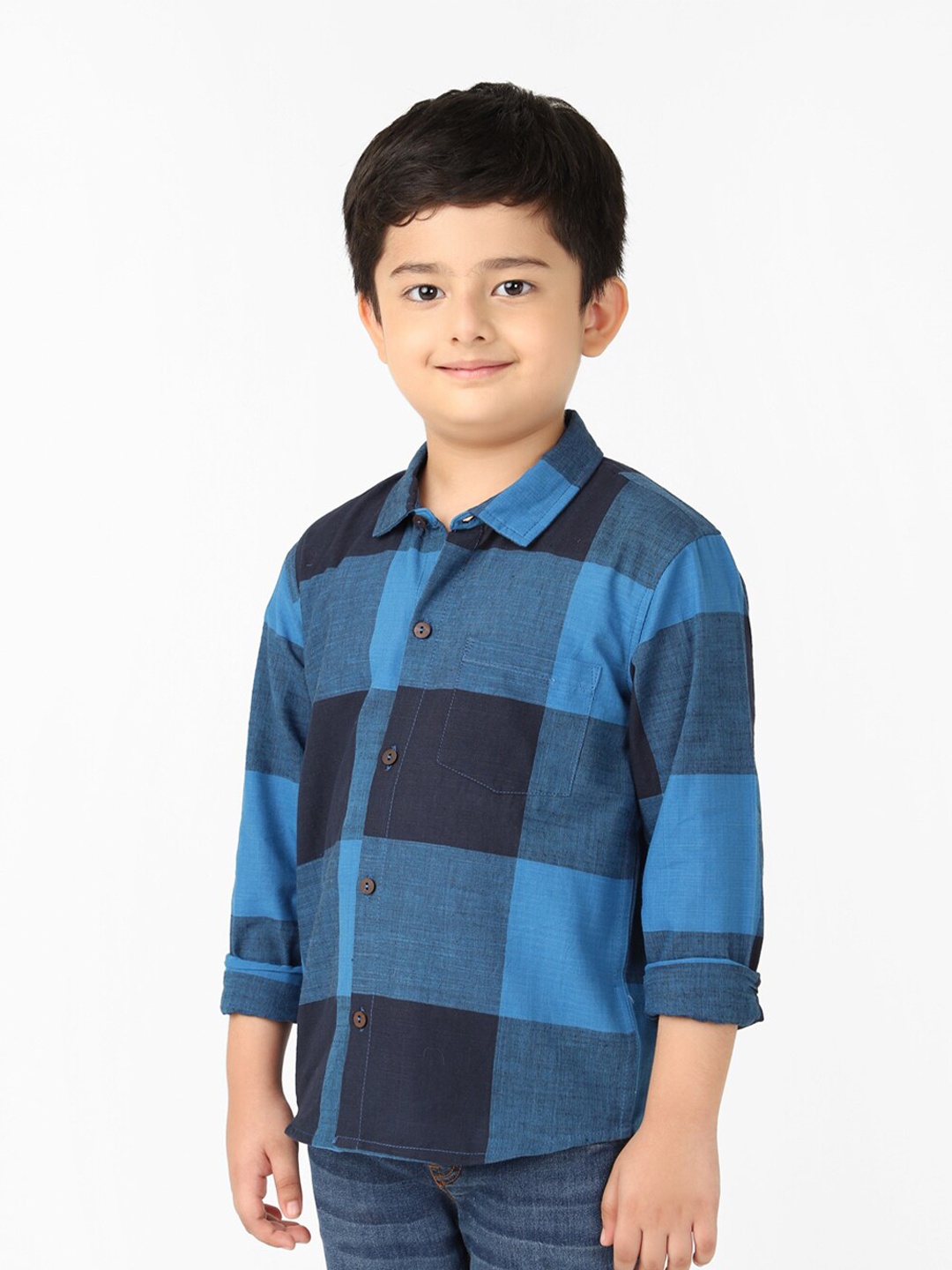 

Fabindia Boys Navy Blue Opaque Checked Cotton Casual Shirt