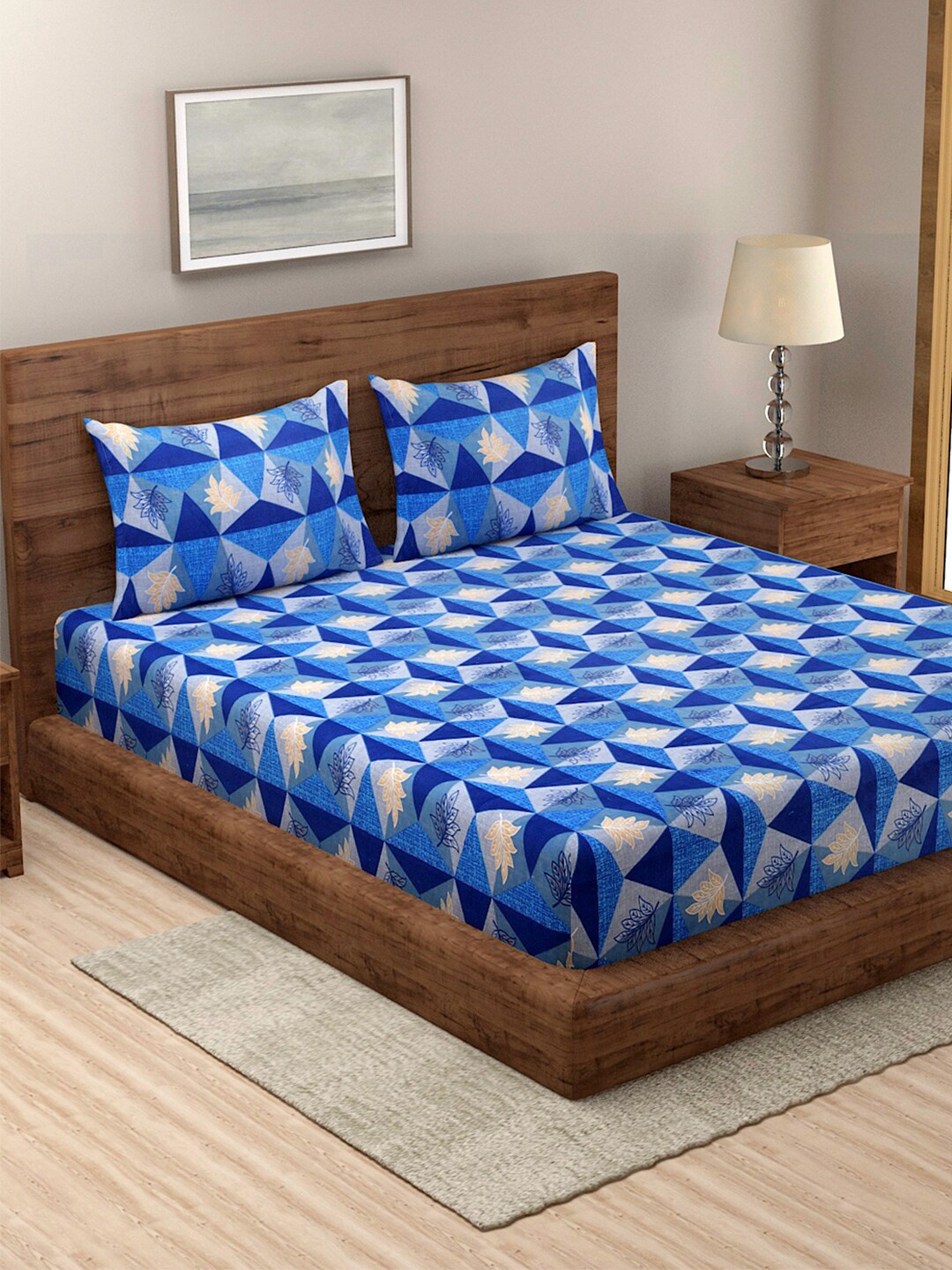 

TAG 7 Set Of 2 Blue & White Geometric 210 TC 2 King Bedsheet with 4 Pillow Covers