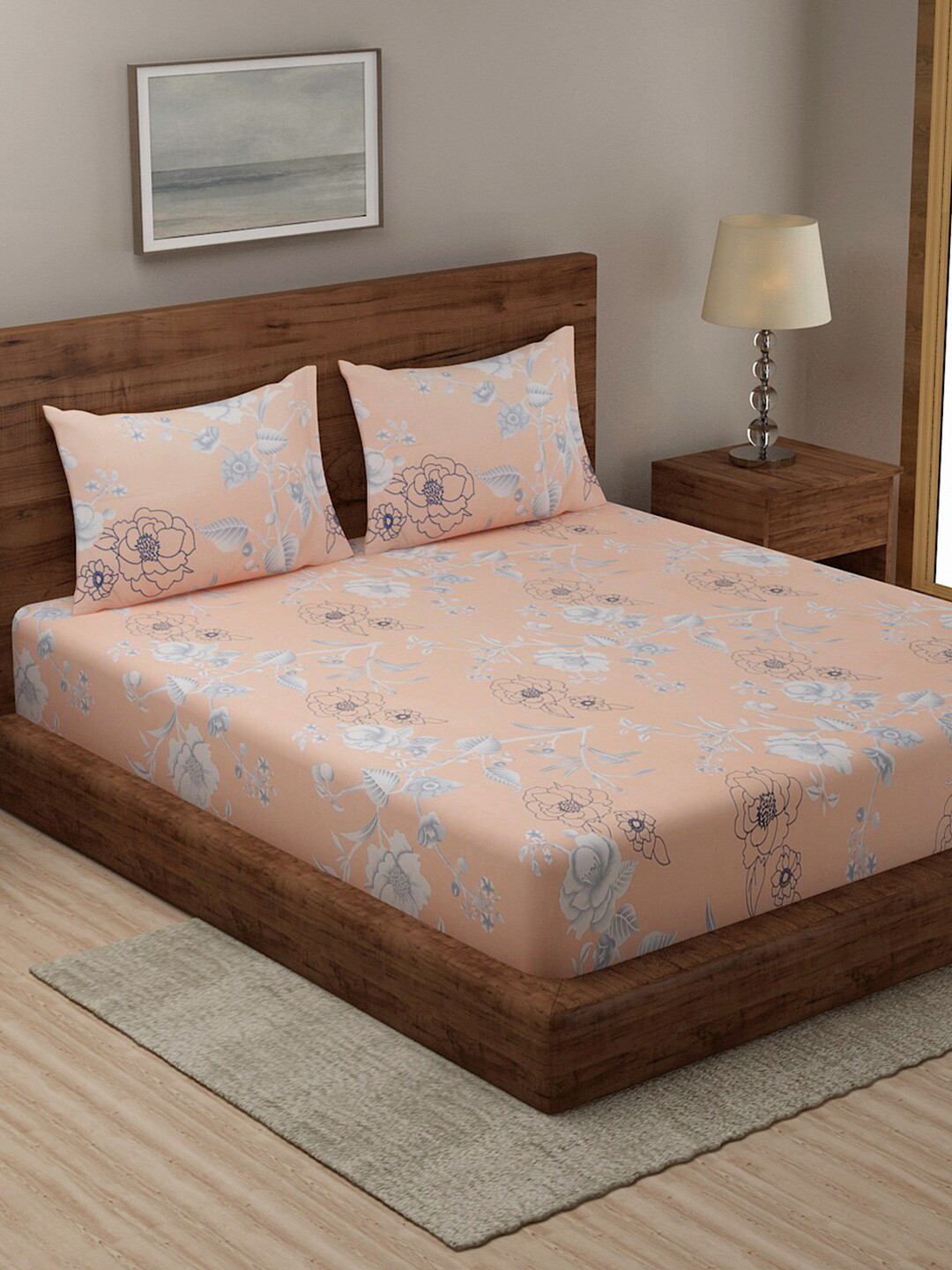 

TAG 7 Brown & Peach-Coloured Floral 210 TC Cotton 2 King Bedsheets with 4 Pillow Covers