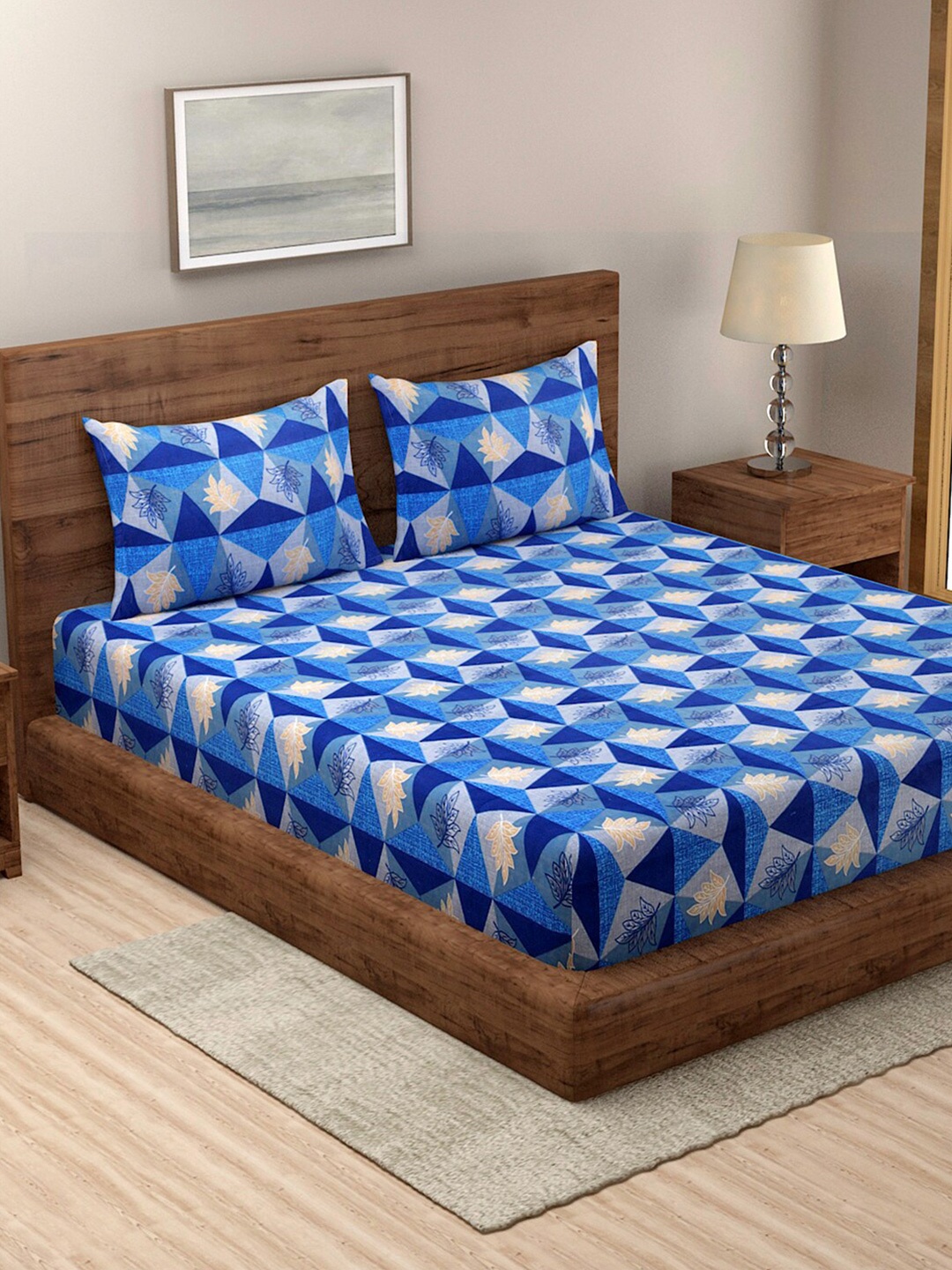 

TAG 7 Blue & Pink Geometric 210 TC 2 King Bedsheet with 4 Pillow Covers
