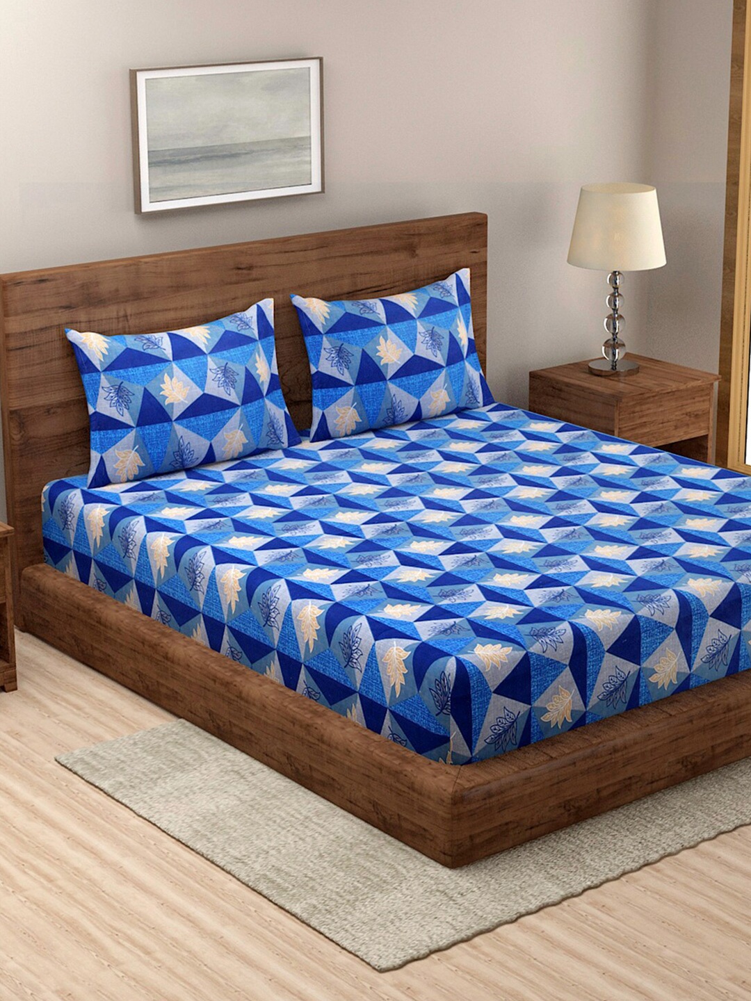 

TAG 7 Set Of 2 Blue & Brown Geometric 210 TC 2 King Bedsheet with 4 Pillow Covers