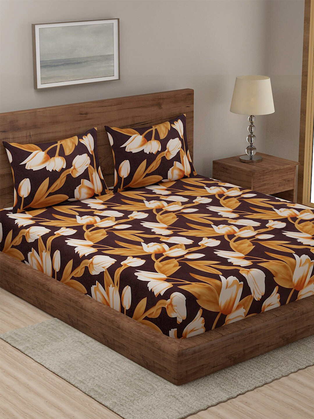 

TAG 7 Brown & Blue Floral 210 TC 2 King Bedsheet with 4 Pillow Covers