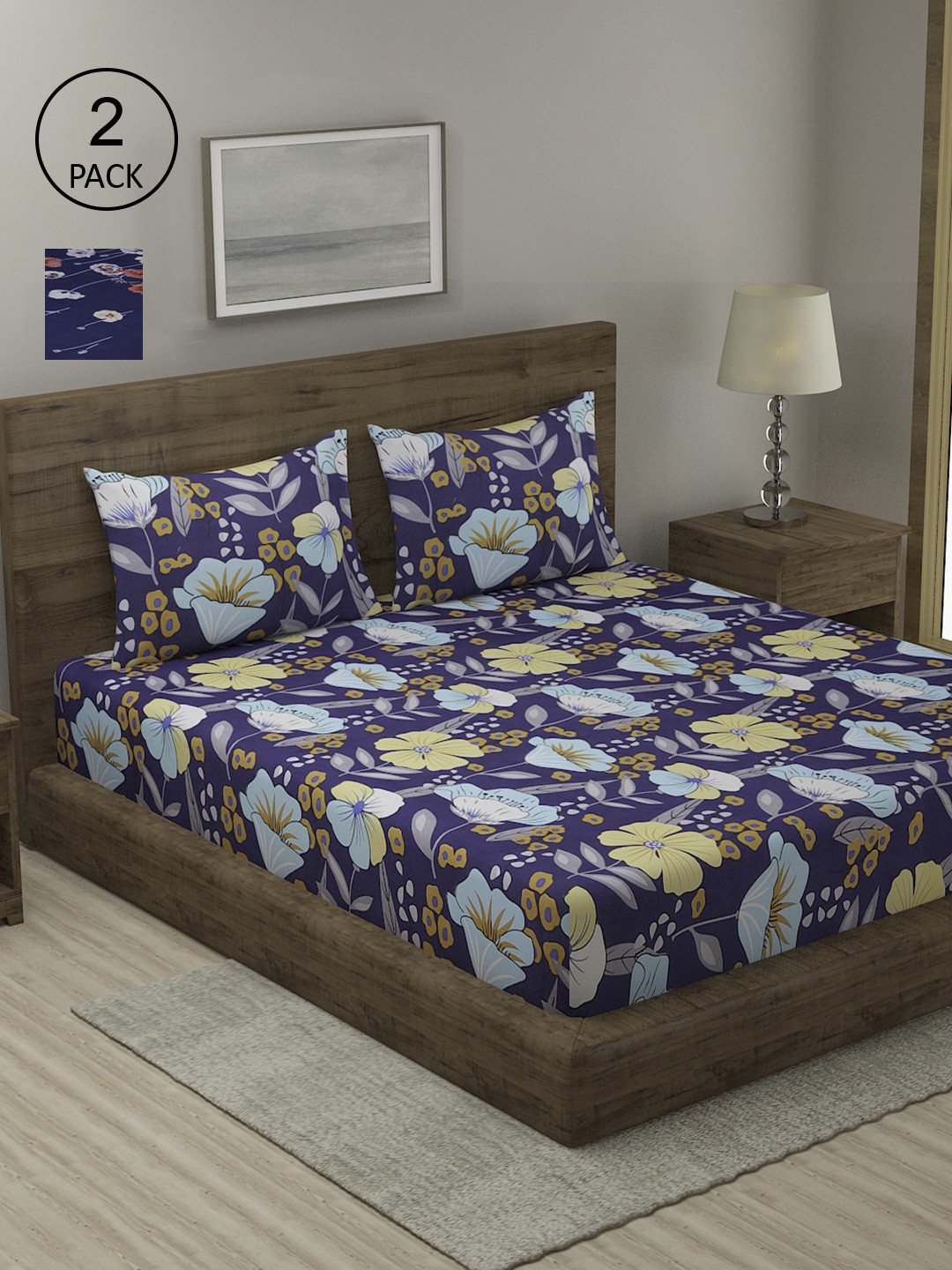 

TAG 7 Navy Blue & Pink Floral 210 TC 2 King Bedsheet with 4 Pillow Covers