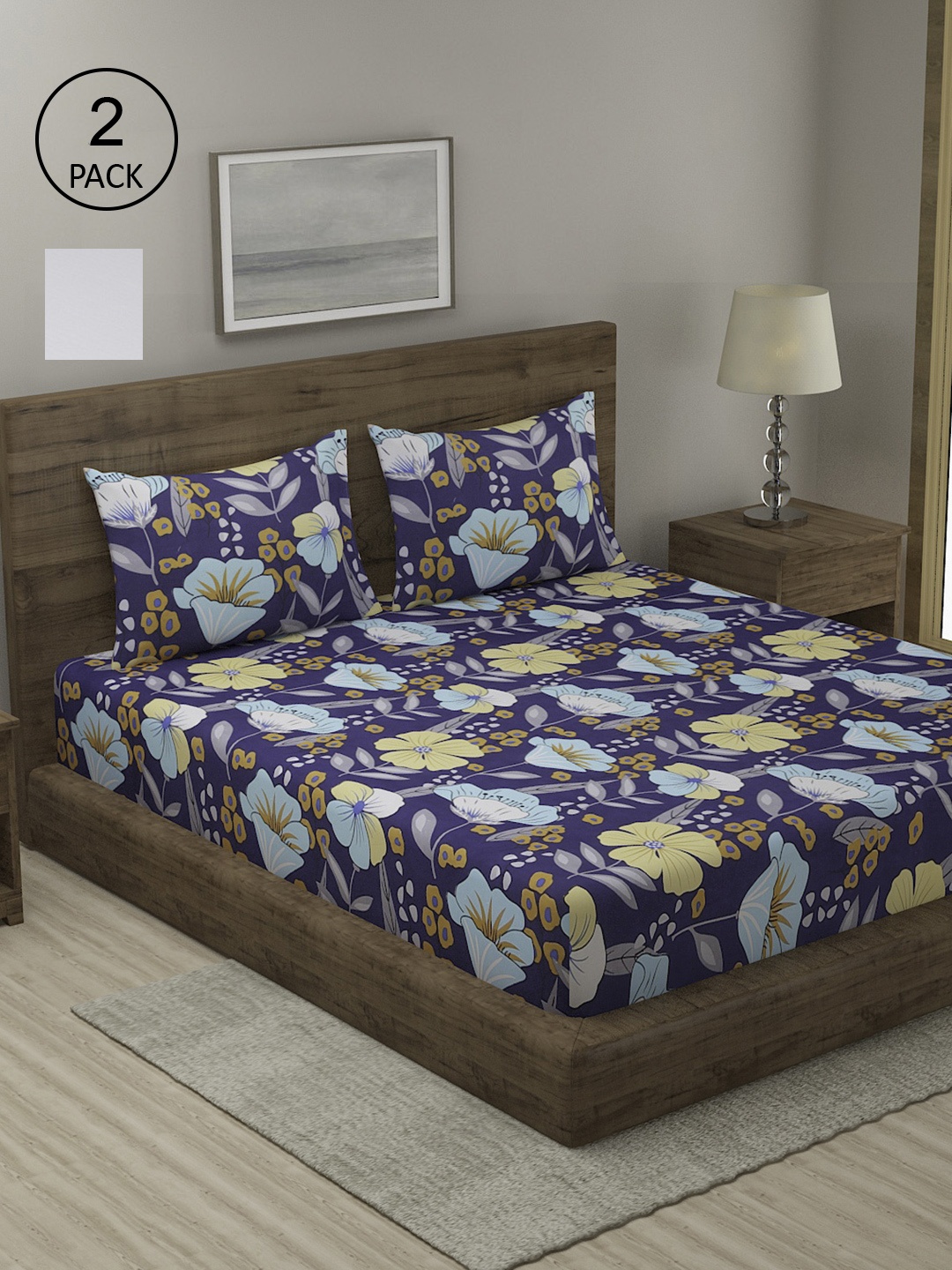 

TAG 7 Set Of 2 Blue & White Floral 210 TC 2 King Bedsheet with 4 Pillow Covers