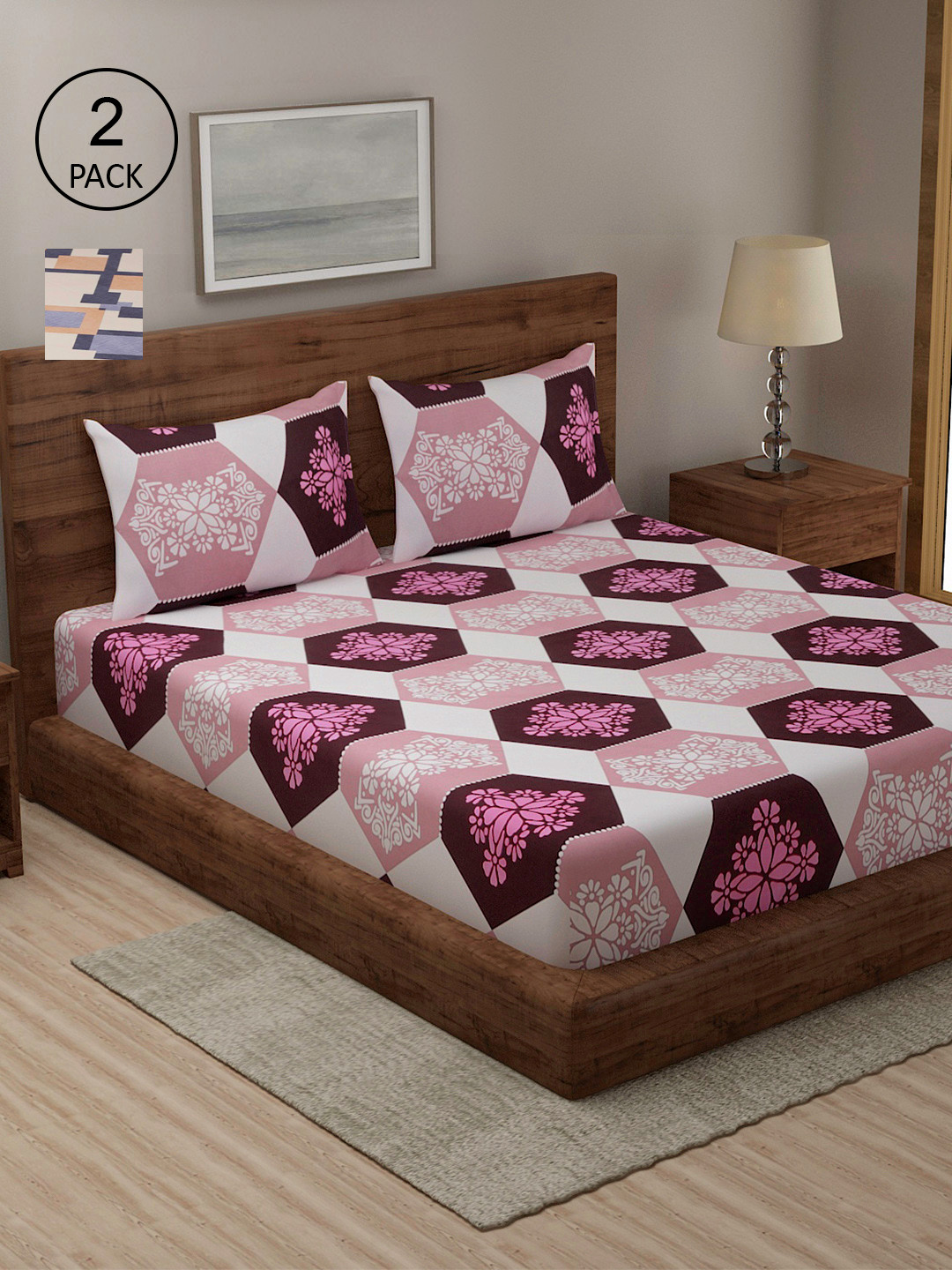 

TAG 7 Blue & Pink Geometric 210 TC 2 King Bedsheet with 4 Pillow Covers