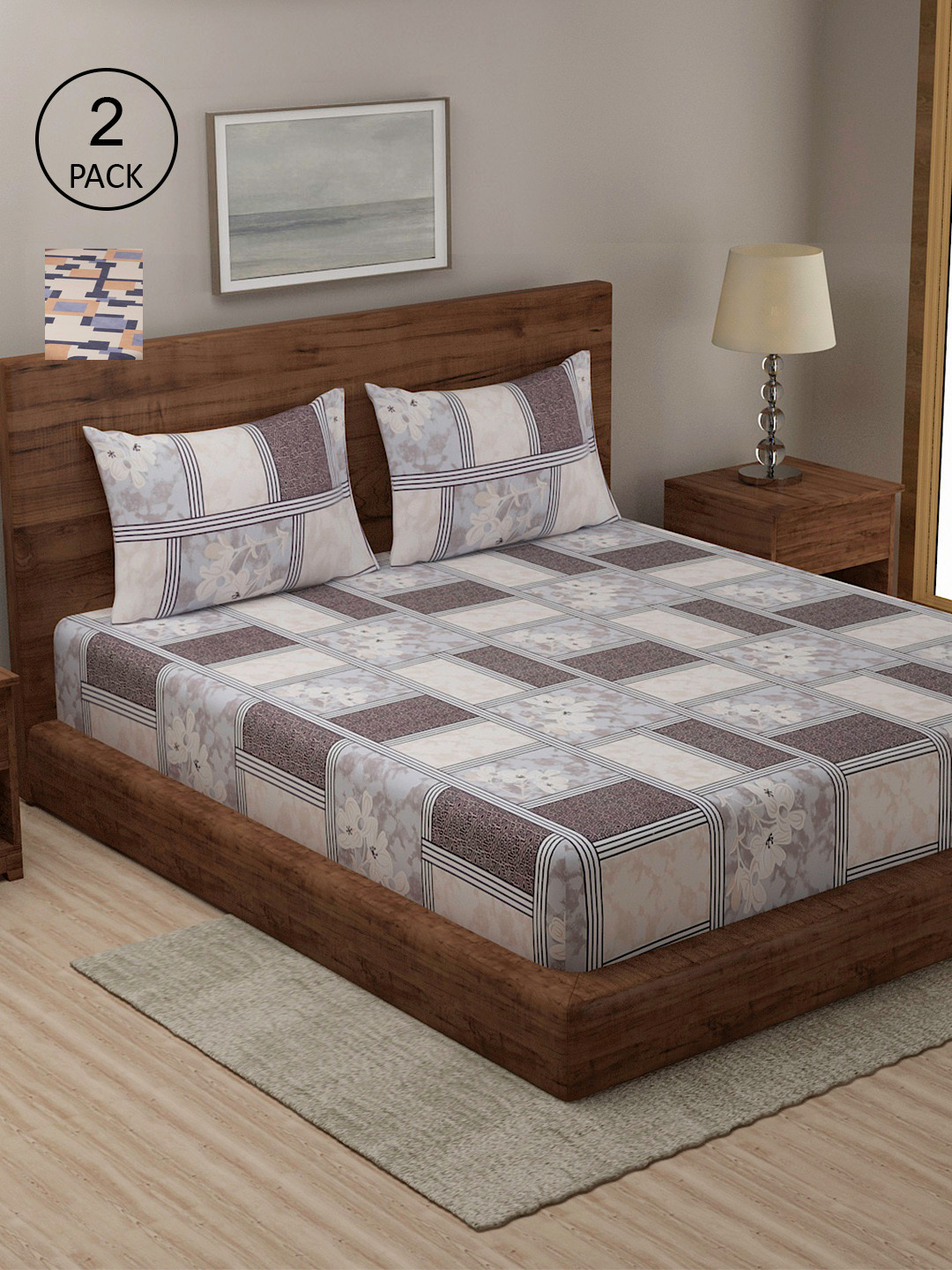 

TAG 7 Beige & Grey Geometric 210 TC Cotton 2 King Bedsheet with 4 Pillow Covers