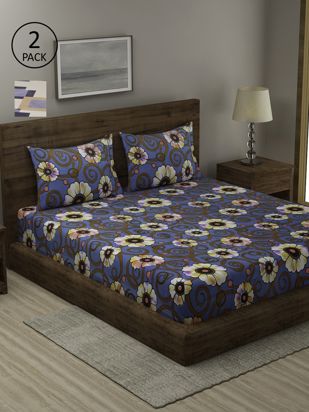 

TAG 7 Blue & Cream-Coloured Floral 210 TC 2 King Bedsheet with 4 Pillow Covers