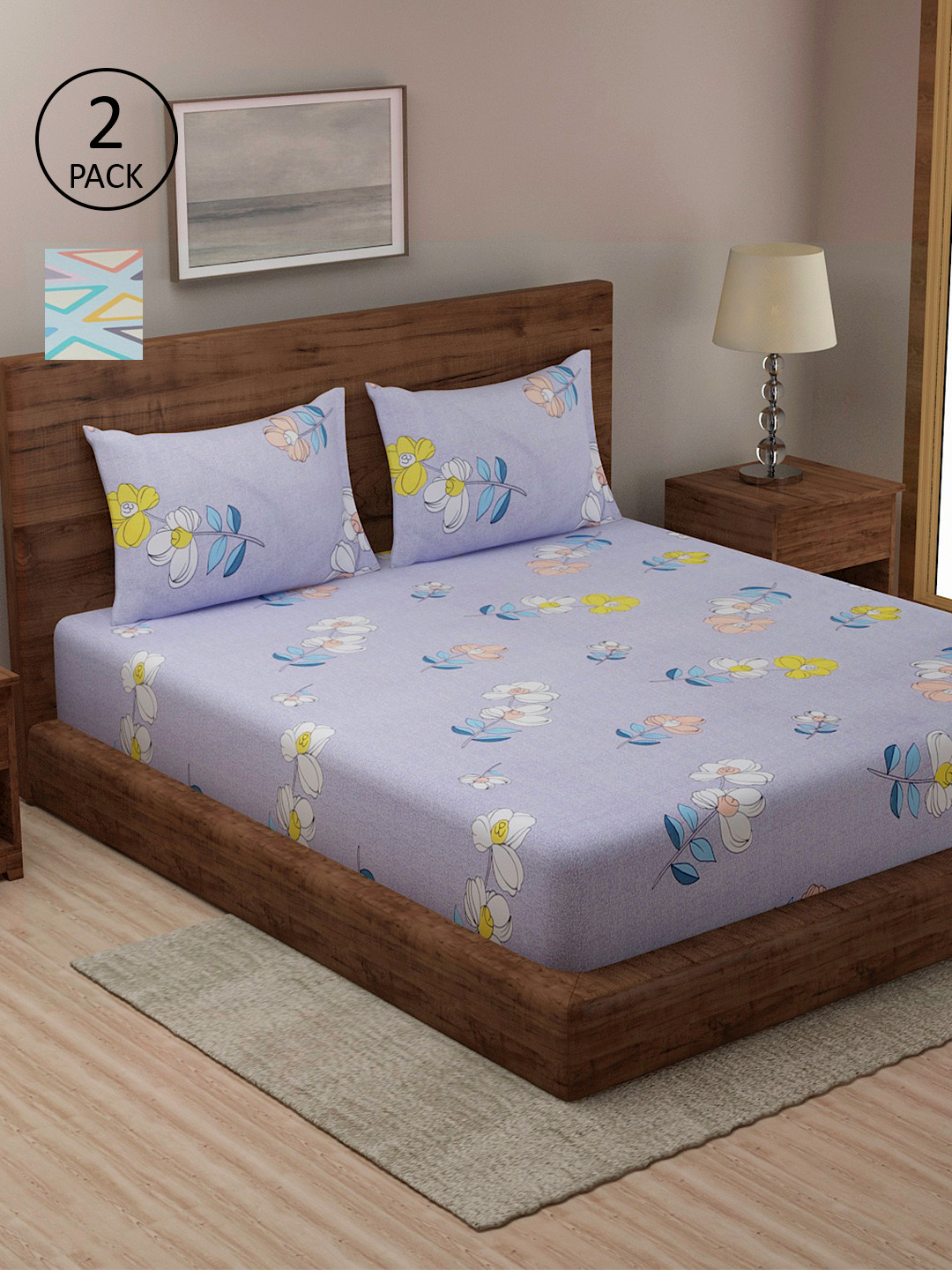 

TAG 7 Lavender & Blue Printed Cotton 210 TC 2 King Bedsheet with 4 Pillow Covers