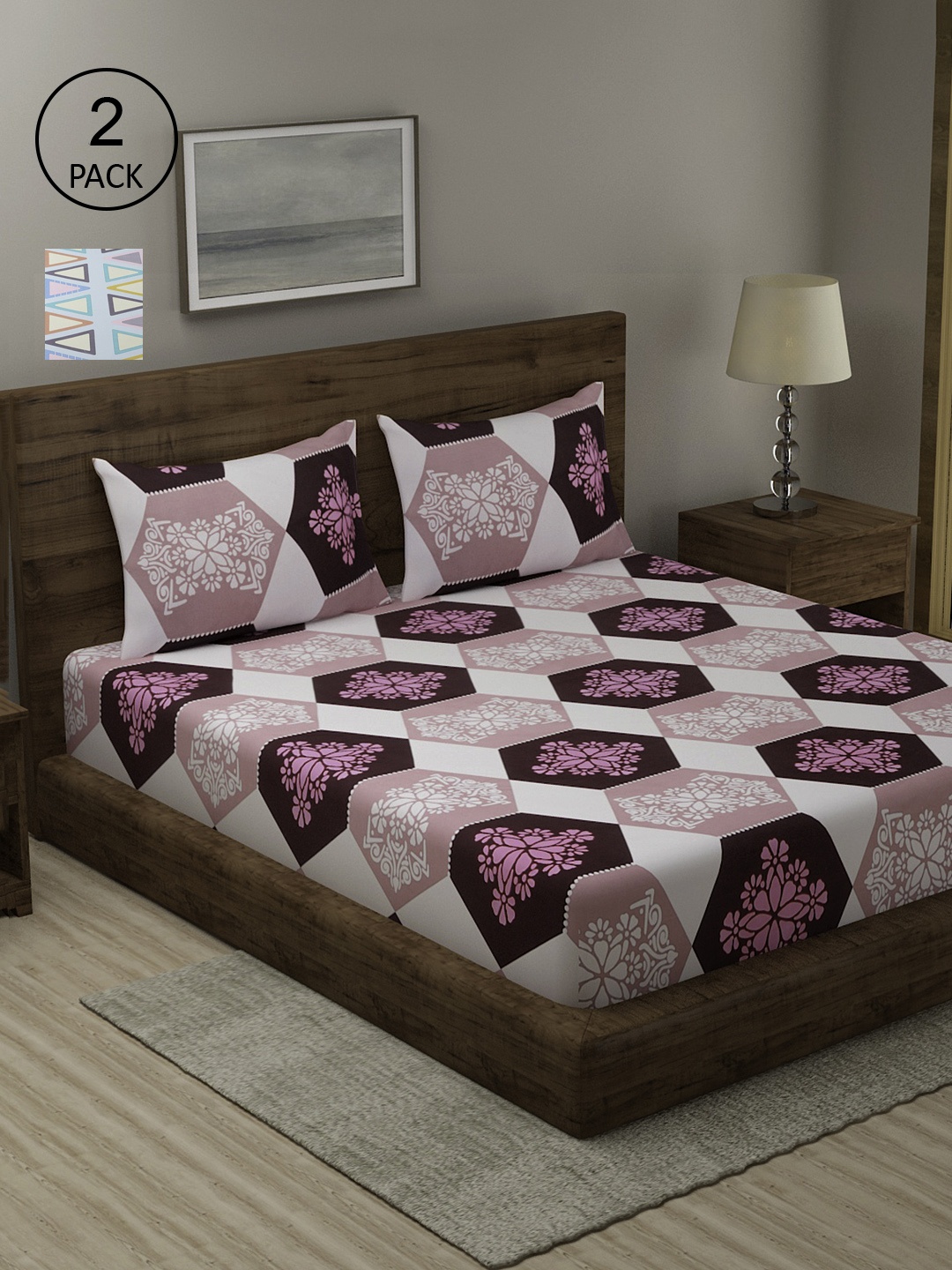 

TAG 7 Blue & Pink Geometric 210 TC 2 King Bedsheets with 4 Pillow Covers