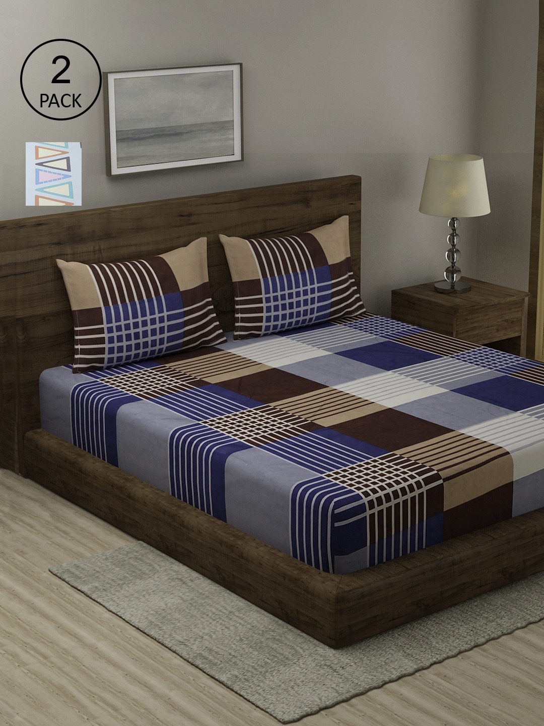 

TAG 7 Blue & Brown Geometric 210 TC 2 King Bedsheet with 4 Pillow Covers