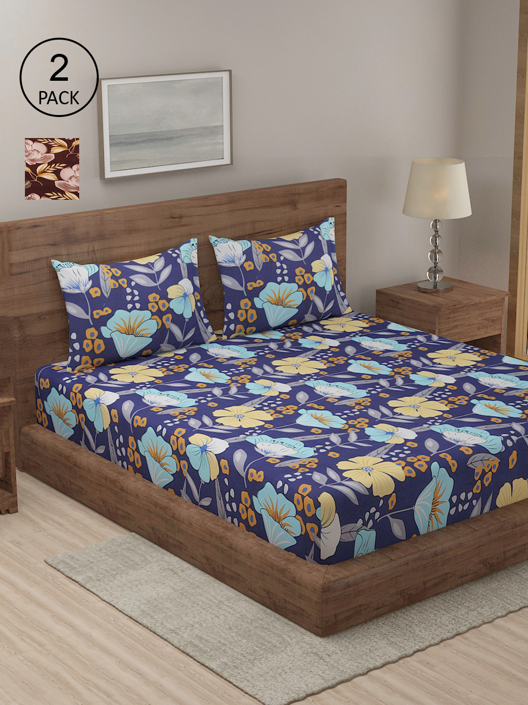 

TAG 7 Brown & Blue Floral 210 TC 2 King Bedsheets with 4 Pillow Covers
