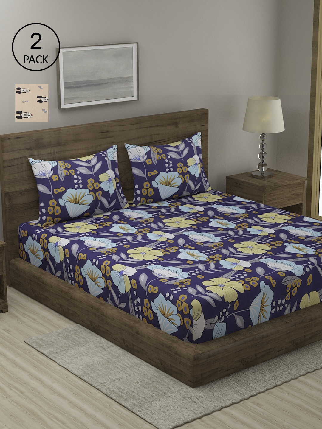 

TAG 7 Peach-Coloured & Blue Floral 210 TC 2 King Bedsheet with 4 Pillow Covers