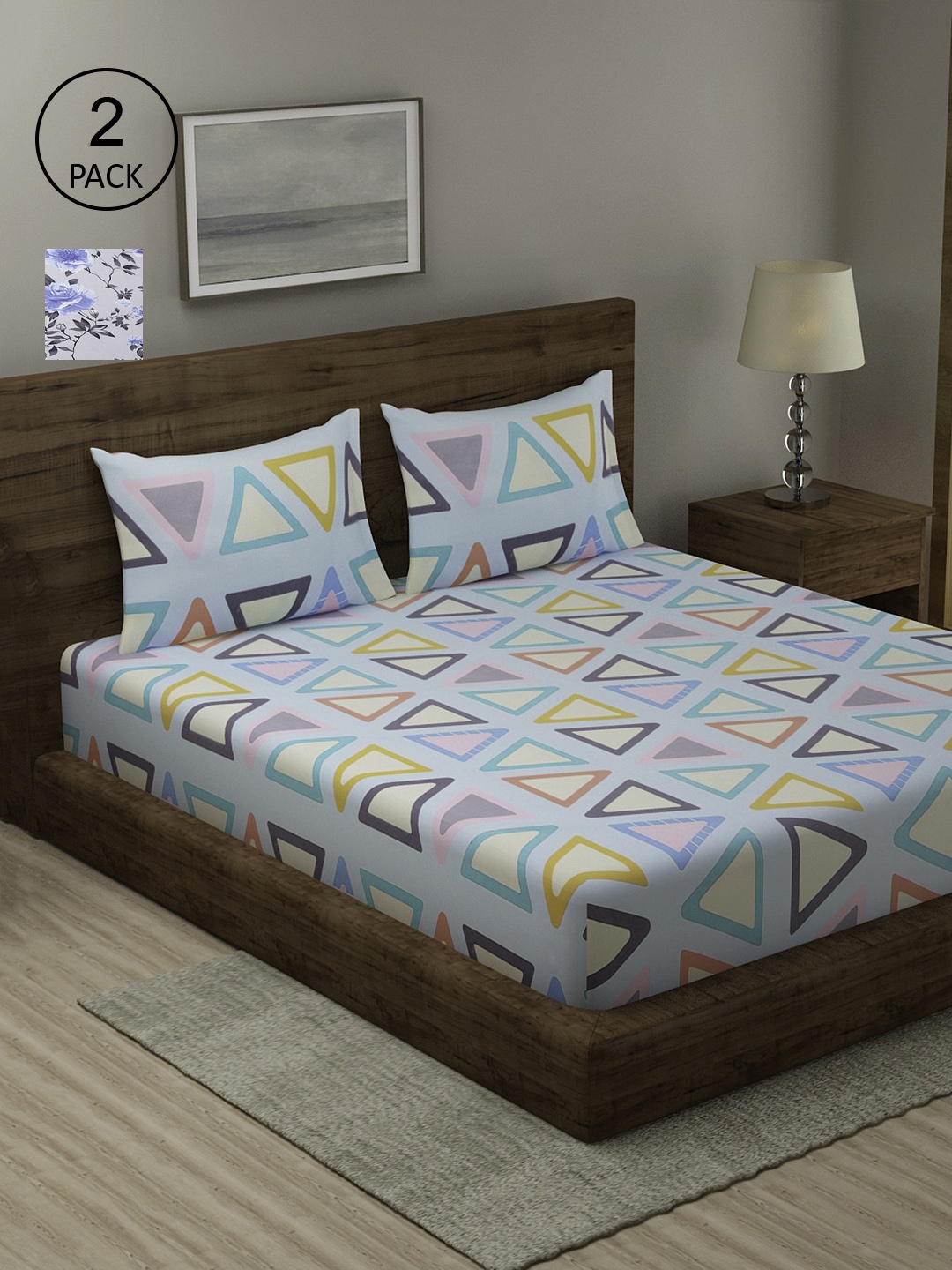 

TAG 7 Grey & Blue Floral 210 TC 2 King Bedsheet with 4 Pillow Covers