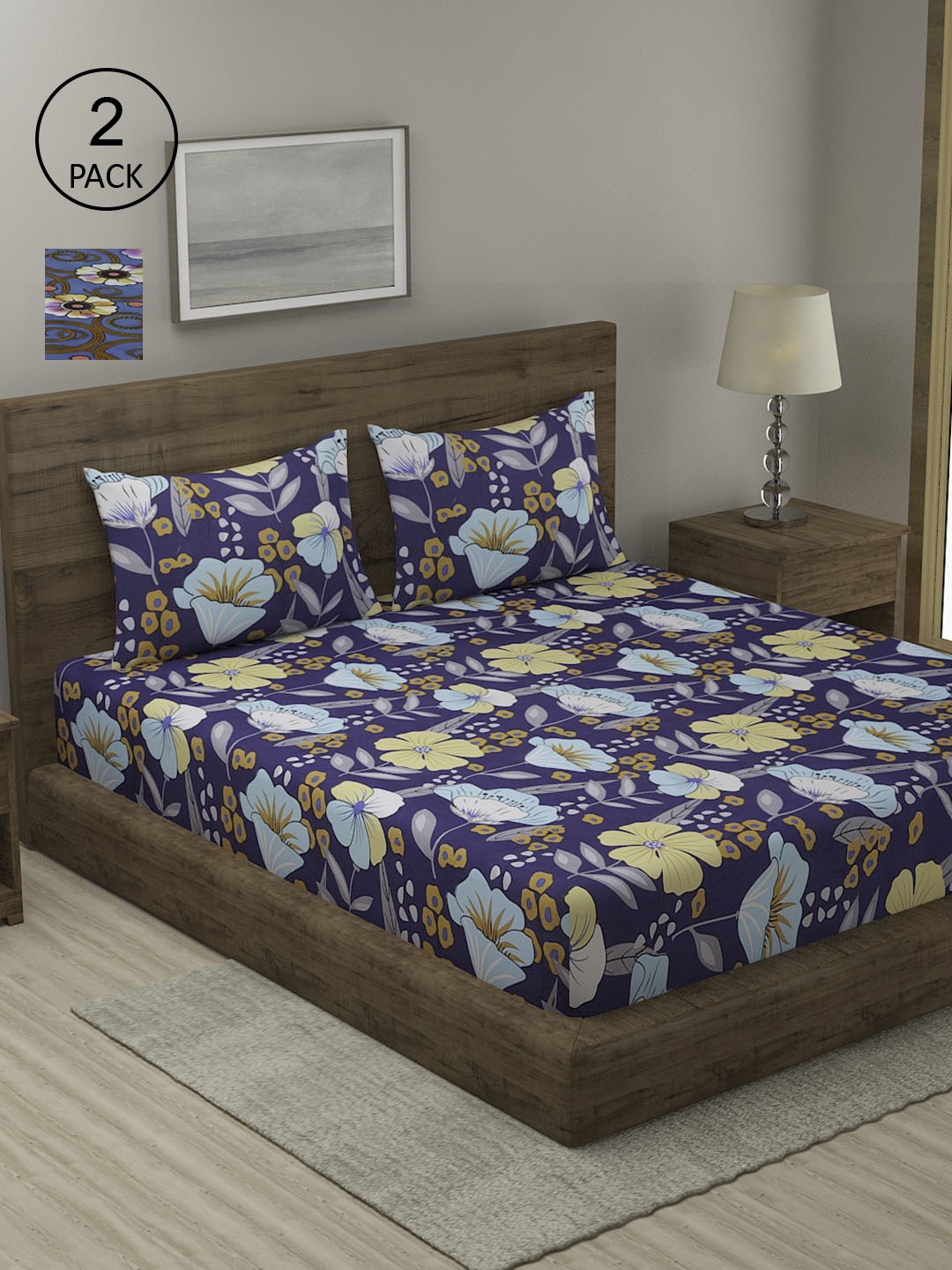 

TAG 7 Blue Floral 210 TC 2 King Bedsheet with 4 Pillow Covers