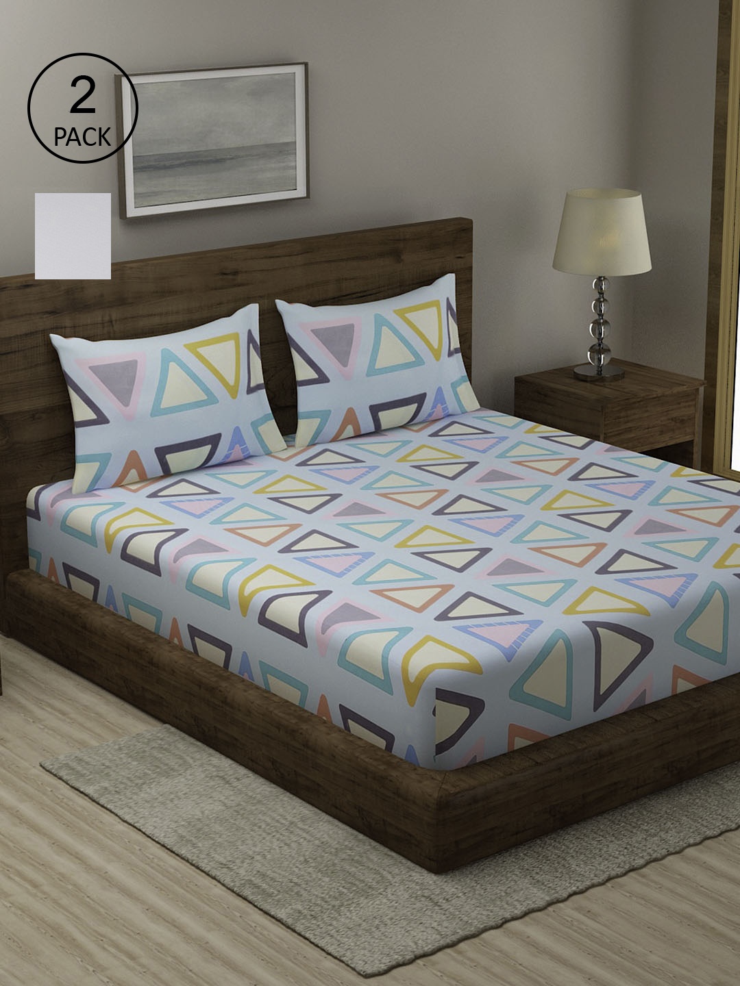 

TAG 7 Blue & Yellow Geometric 210 TC 2 King Bedsheet with 4 Pillow Covers