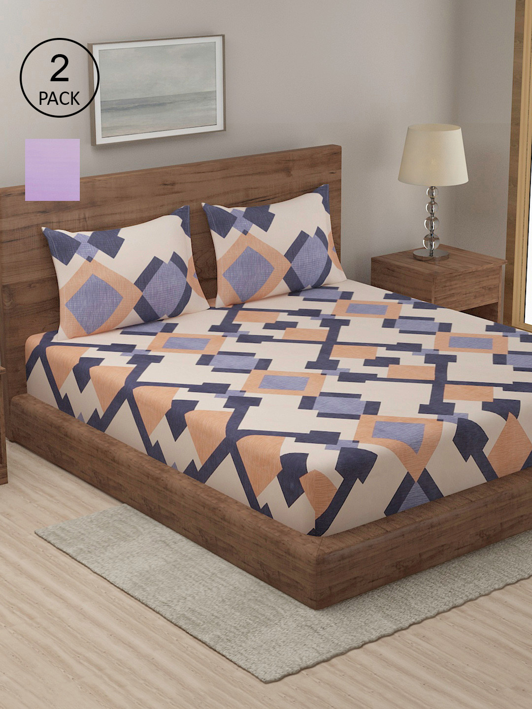 

TAG 7 Lavender & Cream-Coloured Printed Cotton 210 TC 2 King Bedsheet with 4 Pillow Covers