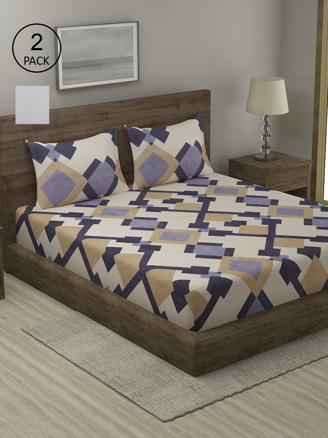 

TAG 7 Pack Of 2 Printed 210 TC 2 King Bedsheet with 4 Pillow Covers, Cream