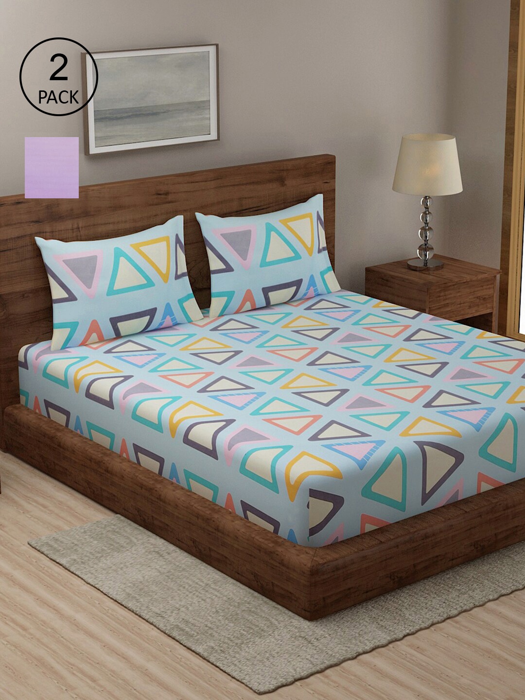 

TAG 7 Blue & Lavender Geometric 210 TC 2 King Bedsheets with 4 Pillow Covers